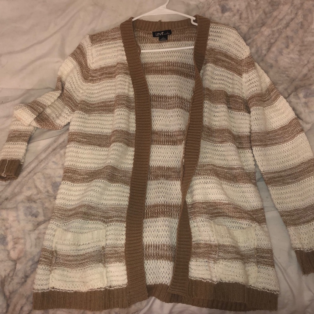 Tan and White Striped Cardigan with Pockets